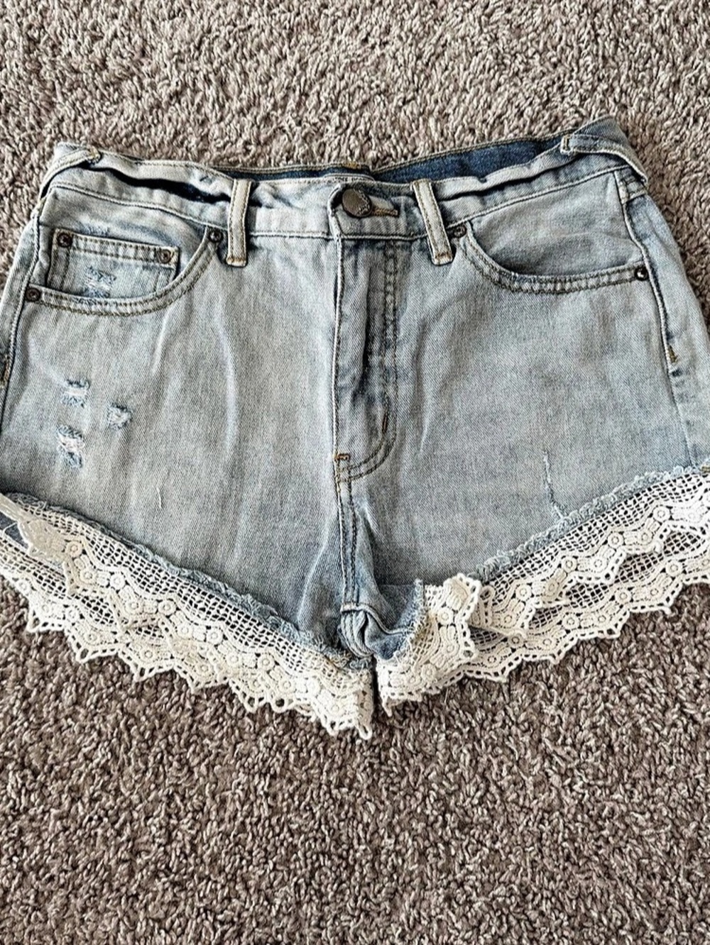 Free People Distressed Lace Hem Jean Shorts in Blue & White